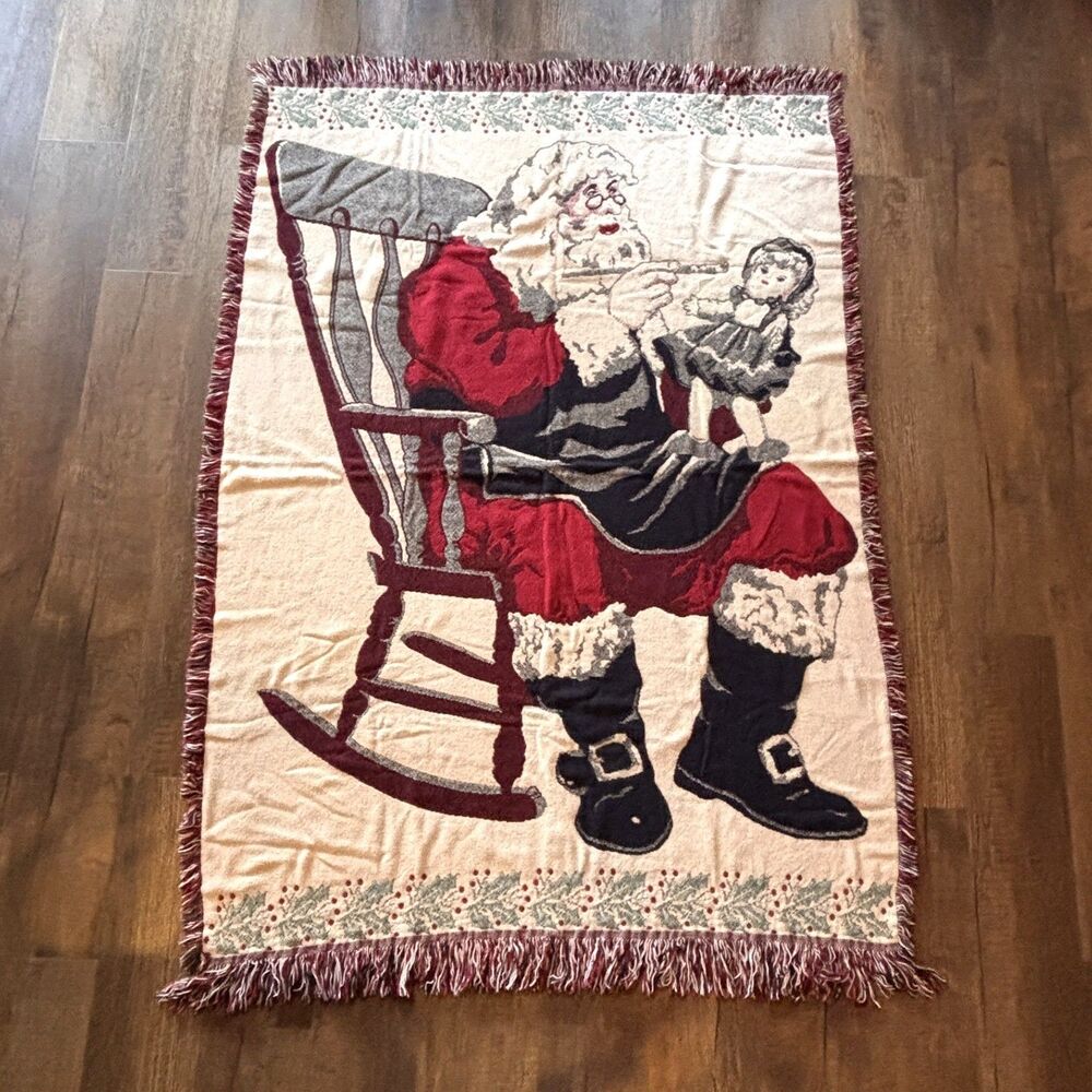 Vtg 1992 Christmas Tapestry Holiday Throw Blanket Santa Claus 69" x 48" Cotton